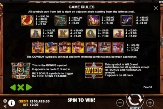 Full paytable for Cowboys Gold slot
