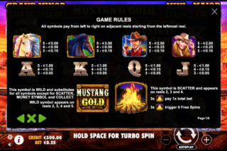 Full paytable for Mustang Gold slot