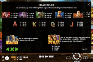 Full paytable for the African Elephant slot