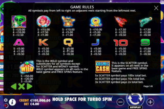 Full paytable for the Cosmic Cash slot