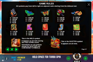 Full paytable for the Floating Dragon Hold and Spin slot