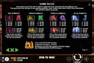 Full paytable for the Happy Hooves slot machine