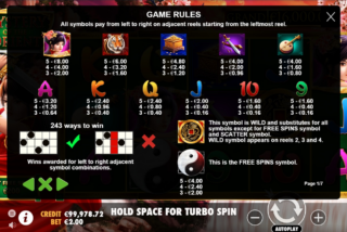 Full paytable for the Mystery of the Orient slot machine