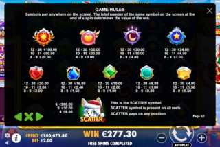Full paytable for the Starlight Christmas slot