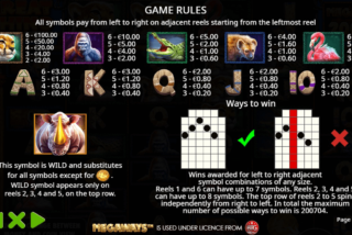 Full paytable of the Great Rhino Megaways slot machine