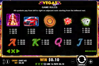 Paytable of Vegas Nights slot
